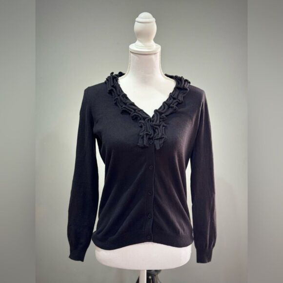 Talbots Sweaters - Black Talbots Ruffle Edge Cardigan Sweater Size SP EUC